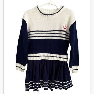 Girl’s Vintage 4/5 Nautical Coastal Anchor Preppy Sweater dress navy & White
